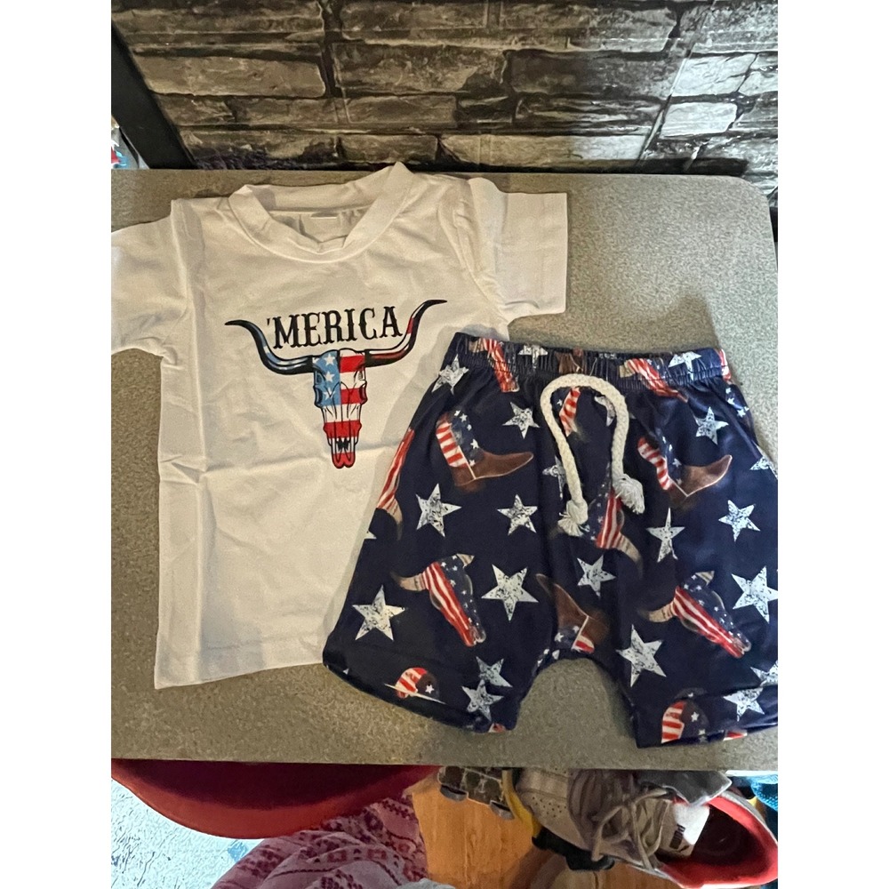 New Kids Merica Patriotic Western Longhorn Skull T-Shirt and Shorts Set 6-12M